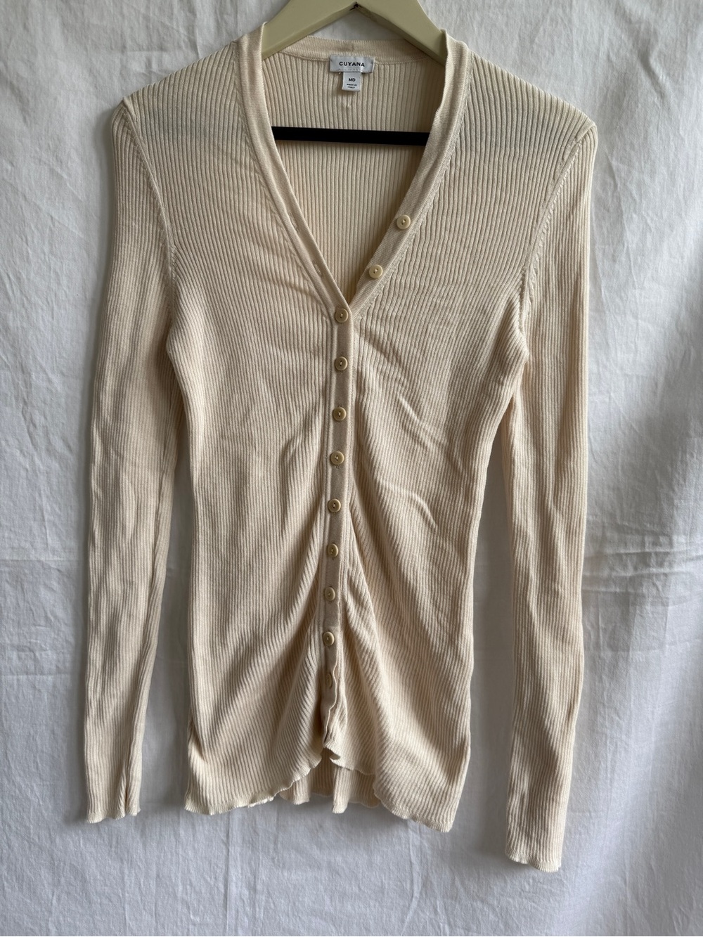 Cuyana Cream Ribbed V‑Neck Button Cardigan